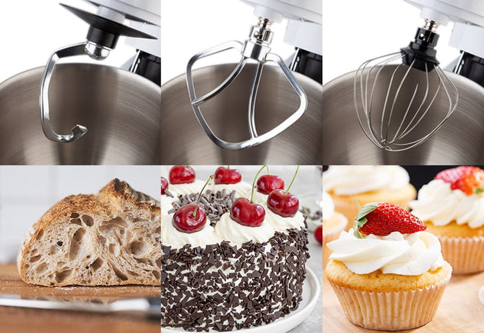 3 nadstavce, vhodné pre prípravu potravín: hnetenie, mixovanie a šľahanie.