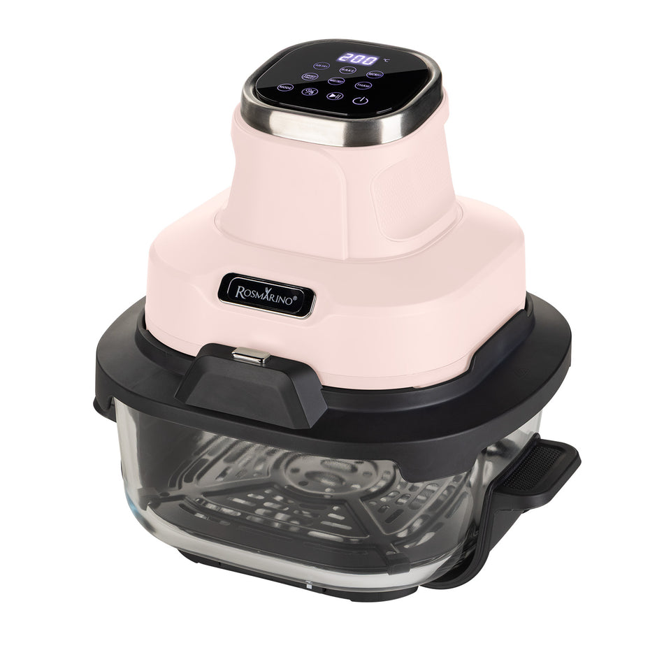 Prenosná sklenená teplovzdušná fritéza Rosmarino Airfryer Crispy PRO Series 6 v 1 – 4,5 l + 1,8 l, ružová